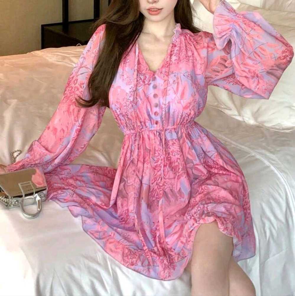 Ladies' Full Print Chiffon Long Sleeve Dress - Picture 3 of 5